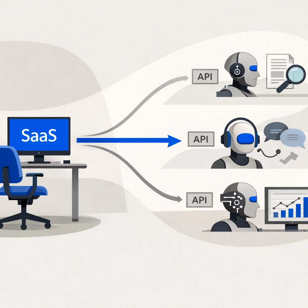 Diagram showing a single SaaS 'seat' with arrows connecting to multiple AI agents performing parallel tasks through API integrations