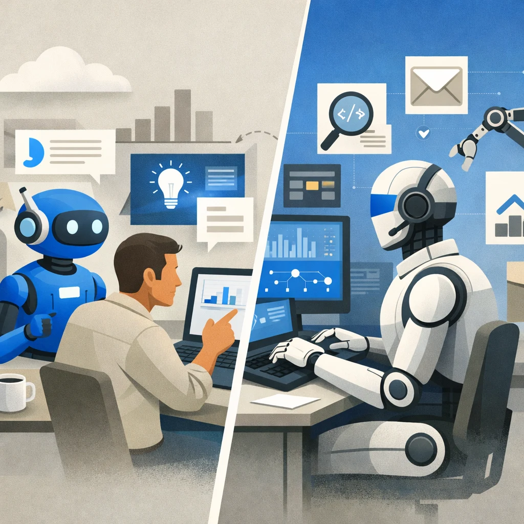 Split-screen comparison of Microsoft's defensive 'Copilot' strategy (human with AI assistant) versus Salesforce's offensive 'Agent' strategy (autonomous AI worker)