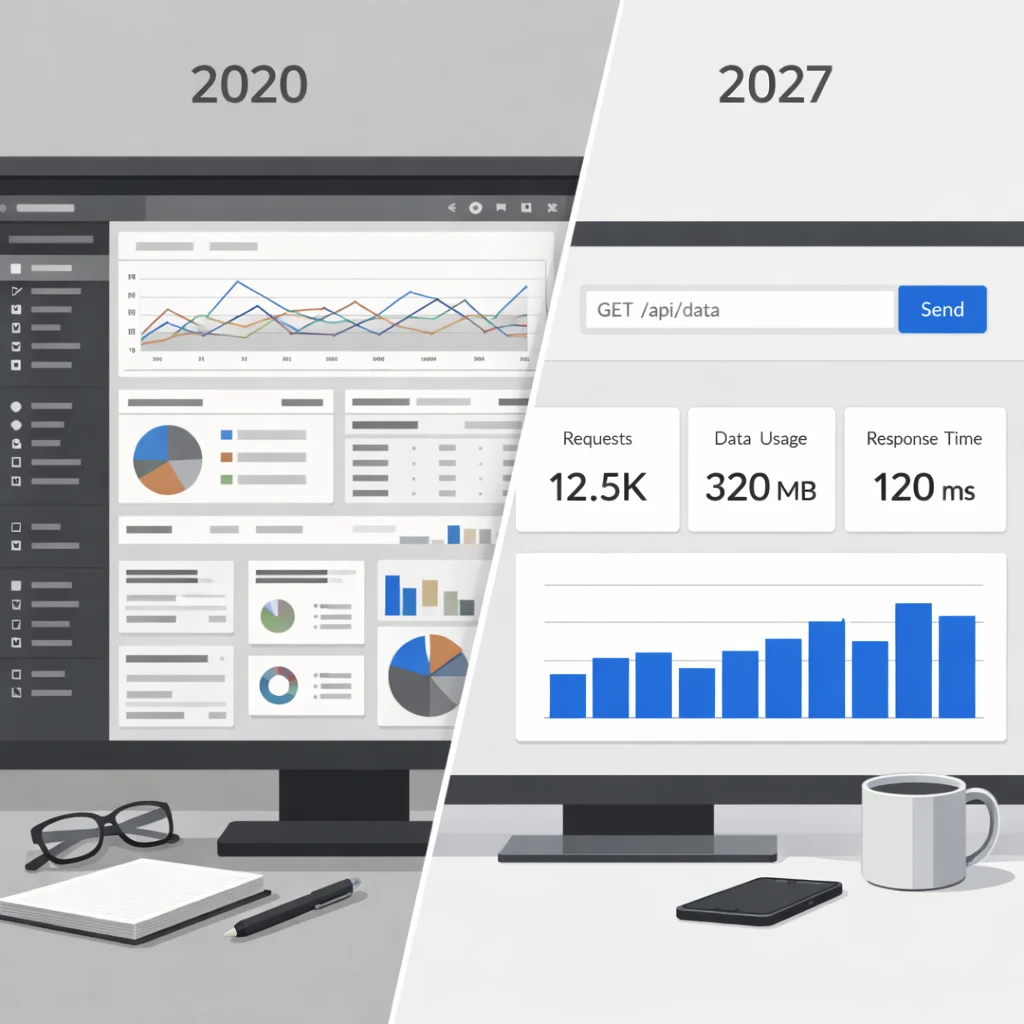 Before/after mockup showing a complex SaaS dashboard (labeled '2020') versus a minimal API console with usage metrics (labeled '2027')