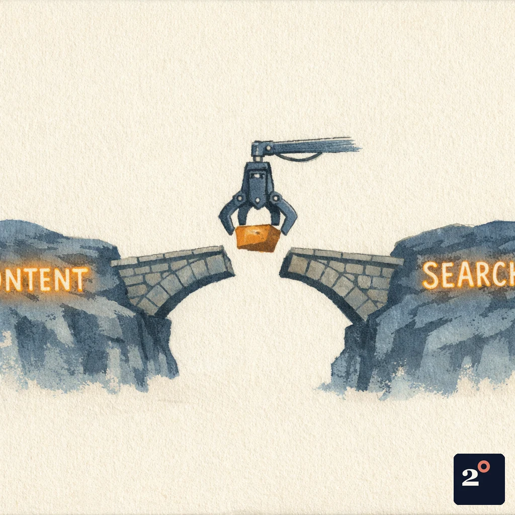 a stone bridge between two cliffs with its central keystone being quietly removed by a mechanical claw, one cliff labeled with glowing content, the other with search
