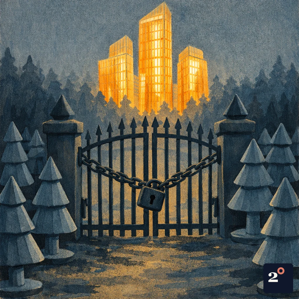 a vast dim forest where a few glass towers glow brightly behind locked gates while the surrounding trees are replaced by identical plastic replicas