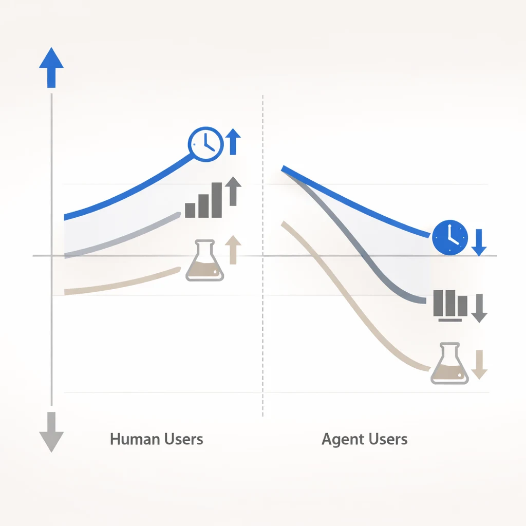 Two-axis chart with 'Human Users' and 'Agent Users' on X-axis, showing how metrics like 'Time on Site,' 'DAU,' and 'Feature Adoption' flip from positive to negative indicators