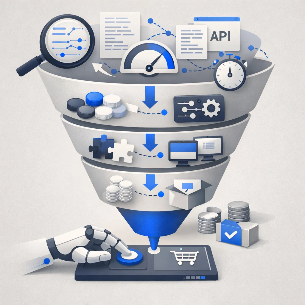 Funnel diagram showing 'Agentic Procurement Funnel' with stages: API Spec Analysis → Latency Benchmarking → Token Efficiency Testing → Integration Verification → Automated Purchase Decision