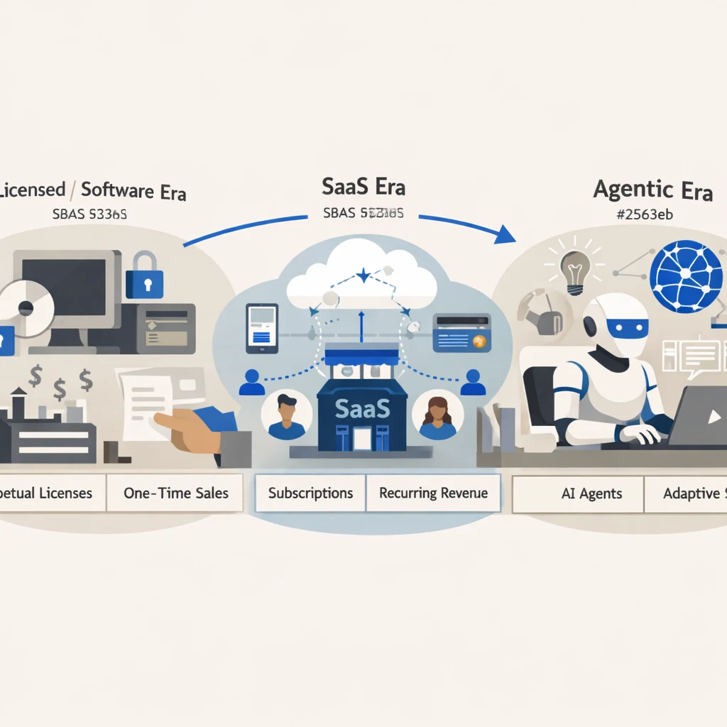 Timeline showing three eras: 'Licensed Software (1980-2000)' → 'SaaS Era (2000-2024)' → 'Agentic Era (2024+)' with key characteristics and dominant business models for each