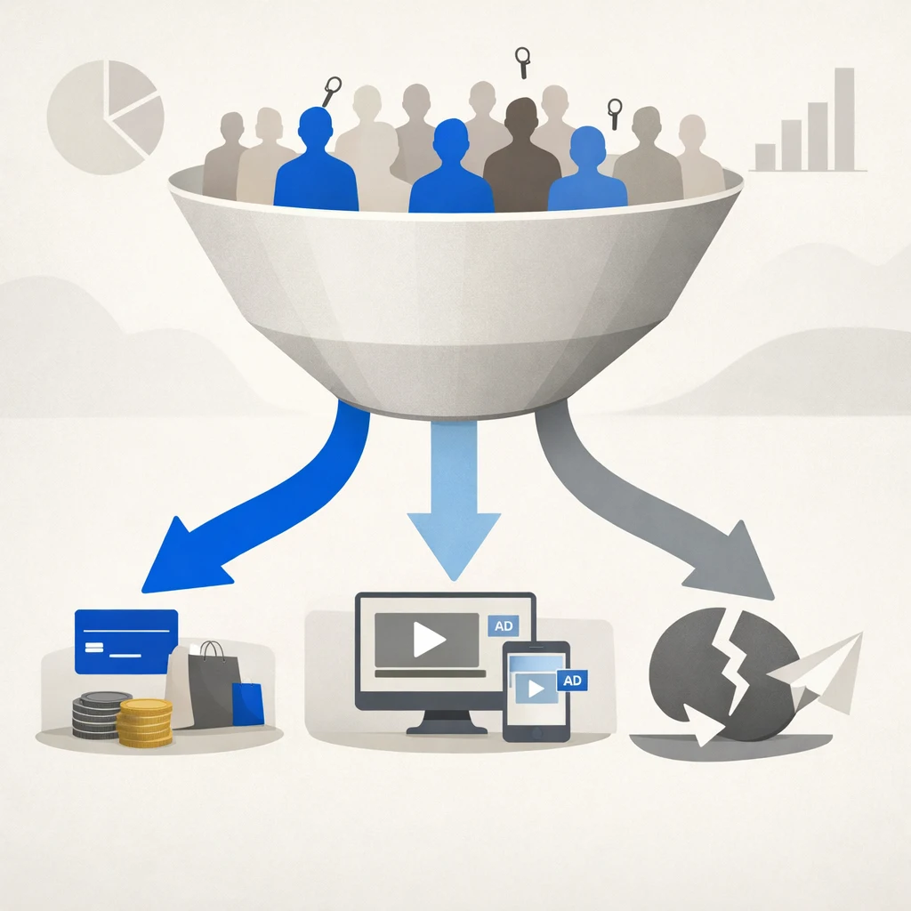 Funnel diagram showing password borrowers splitting into three paths: full-price conversion, ad-tier conversion, and churn