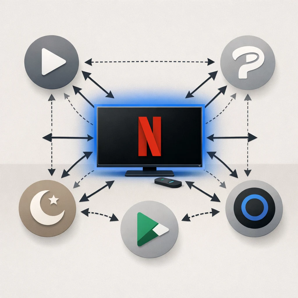 Diagram showing Netflix at center as 'utility' with competitors arranged around it as 'options' with arrows showing consumer switching behavior