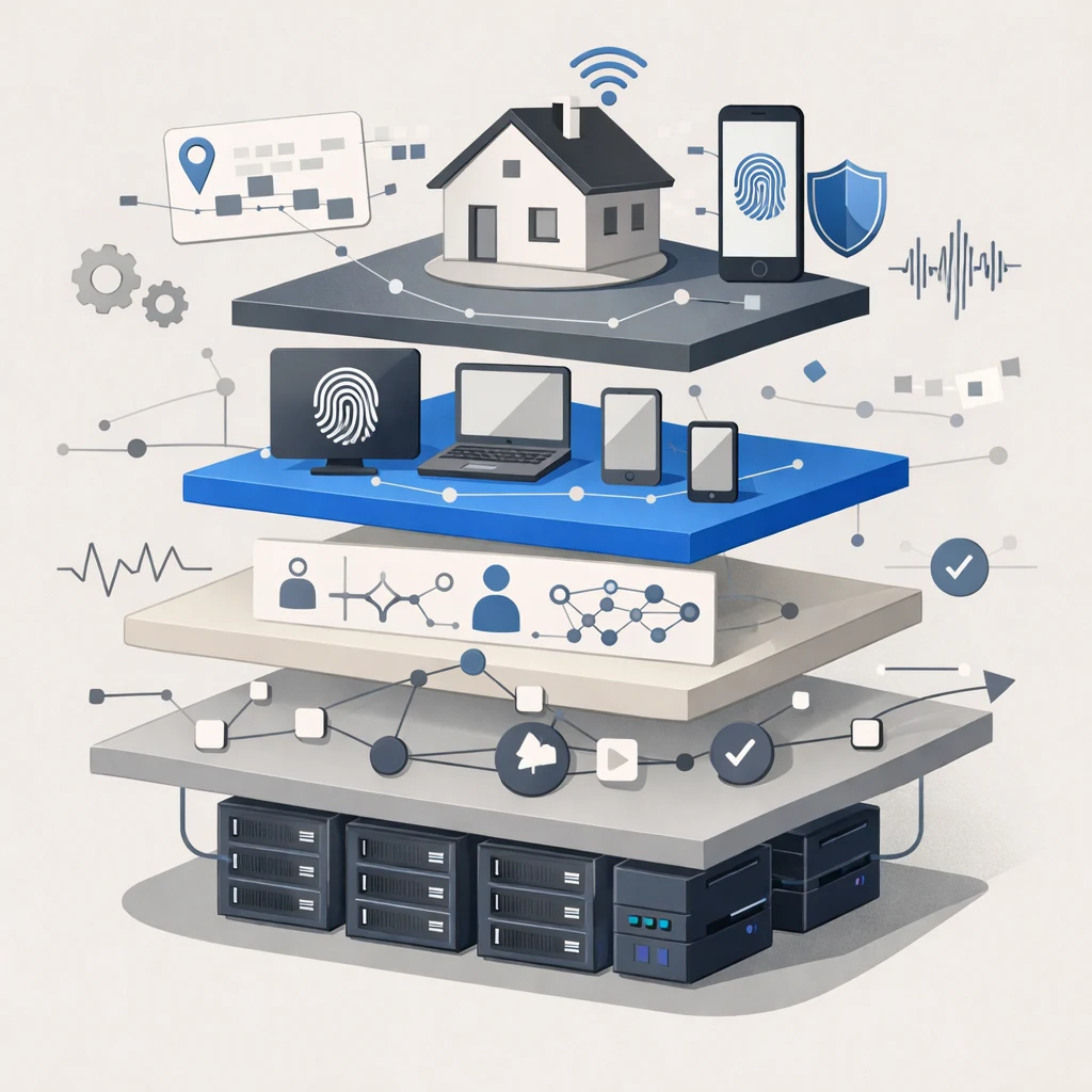 Layered diagram showing the technical stack required for household enforcement: IP analysis, device fingerprinting, behavioral modeling, and real-time decision systems
