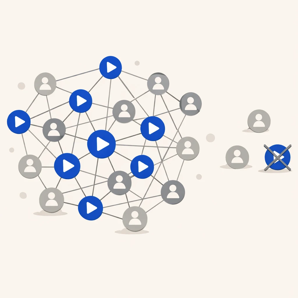 Network diagram showing content virality spreading through connected viewers, with some nodes (former password borrowers) now disconnected