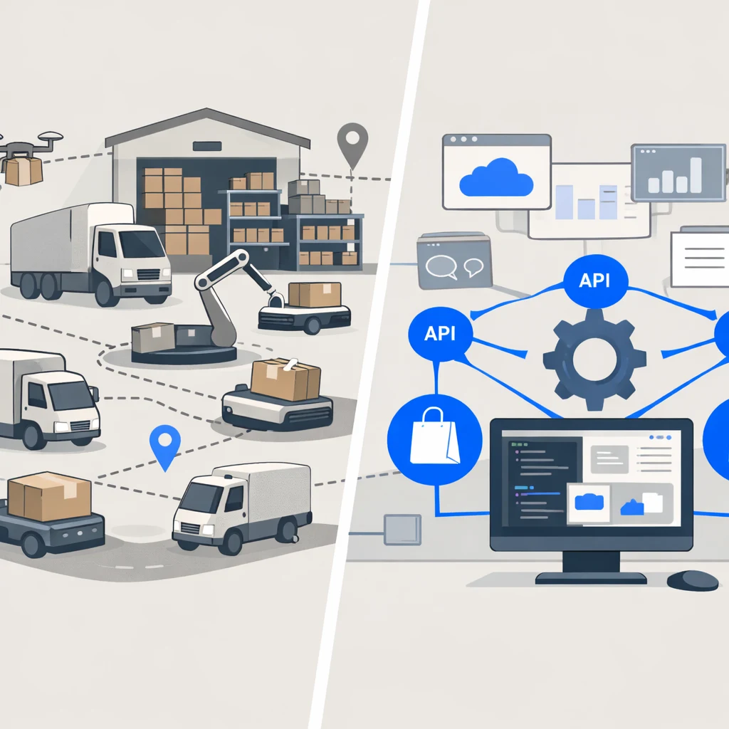A split diagram showing Shopify's organizational focus before and after May 2023: on the left, a complex web of warehouses, robots, and delivery trucks; on the right, a clean software architecture with API connections to external partners