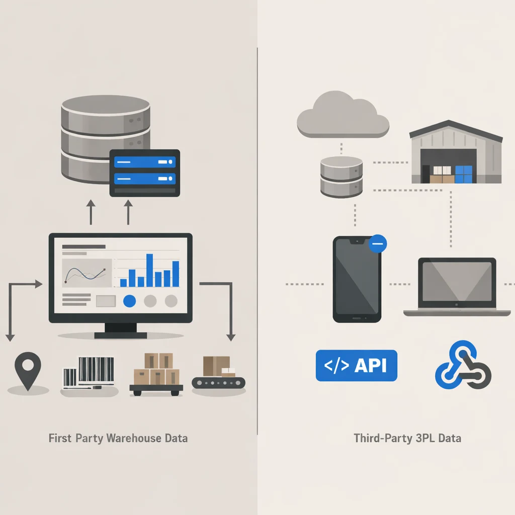 A data flow diagram showing the difference between first-party warehouse data (direct database queries, full telemetry) versus third-party 3PL data (API calls, webhook events, partial visibility)
