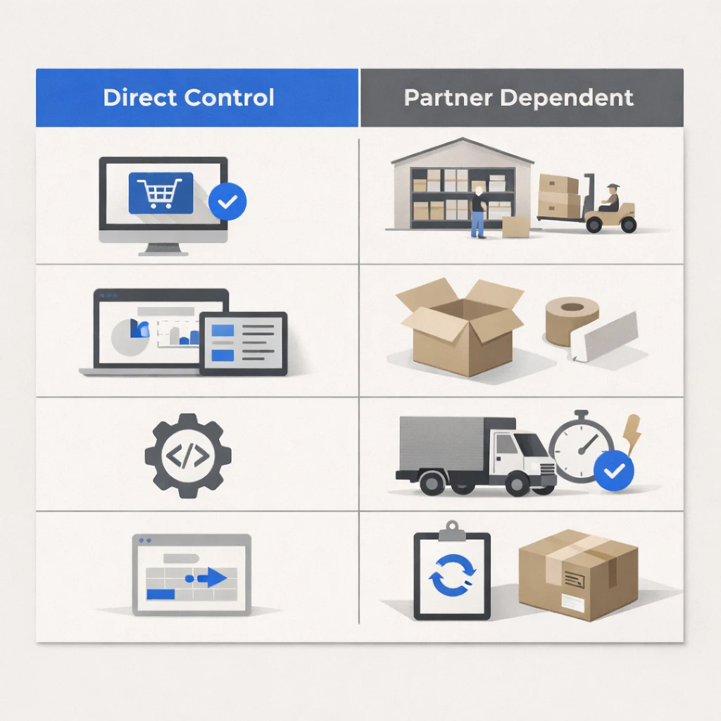 A comparison table showing what Shopify controls vs. what it delegates: columns for 'Direct Control' (checkout, merchant dashboard, APIs) and 'Partner Dependent' (warehouse operations, packaging quality, delivery speed, returns handling)