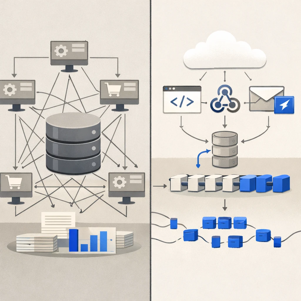 A technical architecture diagram showing the before/after of Shopify's data flows: from internal database queries and tight system coupling to external API calls, webhooks, and event-driven message queues