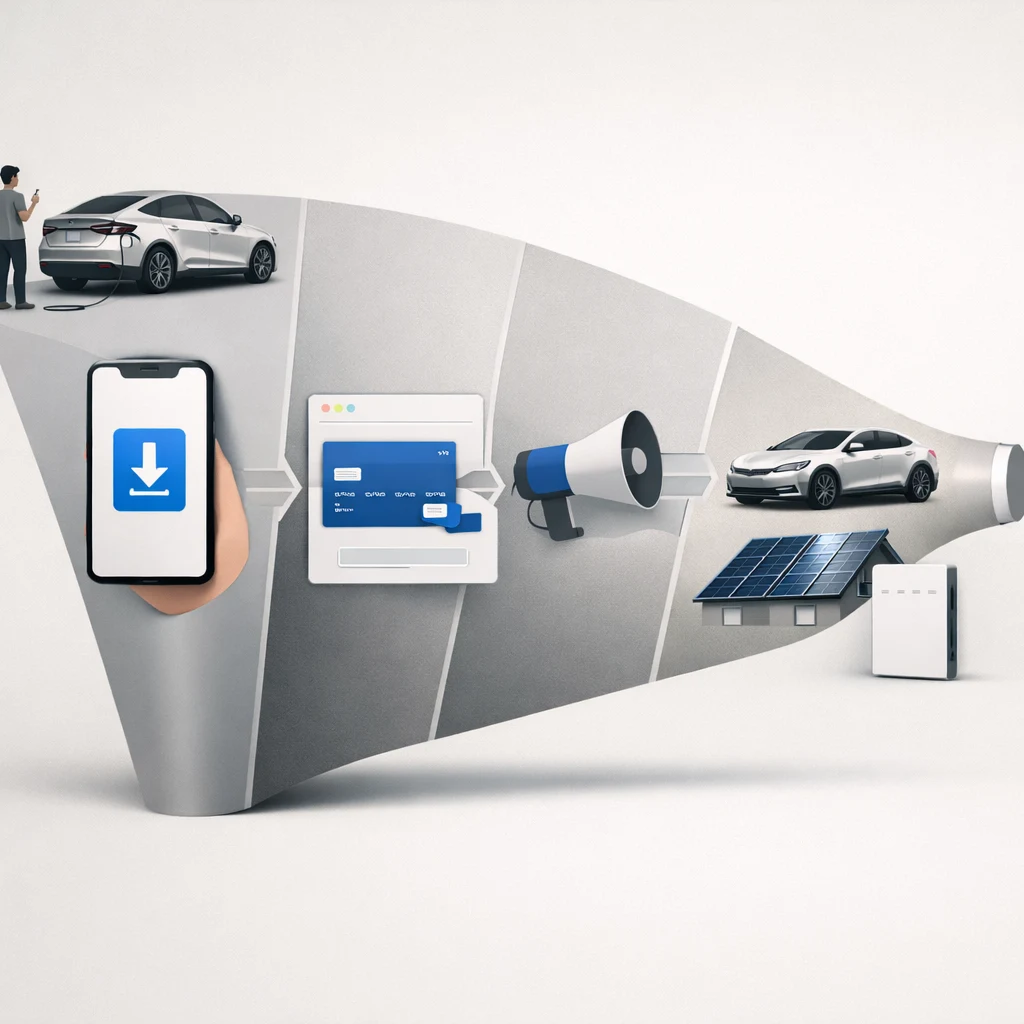 Funnel diagram showing non-Tesla EV owner → Tesla app download → credit card input → marketing exposure → potential Tesla vehicle/solar/Powerwall conversion