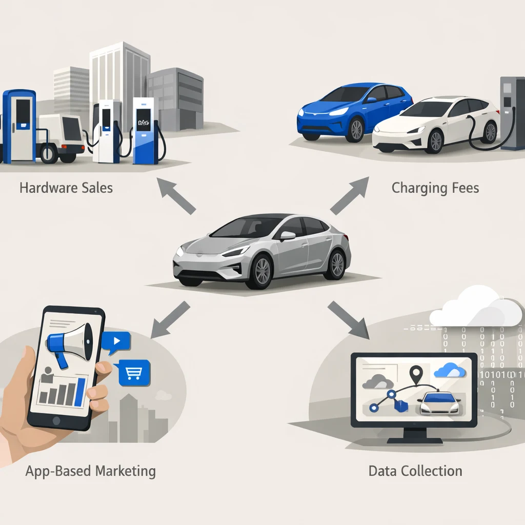 Flow diagram showing Tesla's revenue streams: hardware sales to BP Pulse/others, charging fees from non-Tesla vehicles, app-based marketing, and data collection