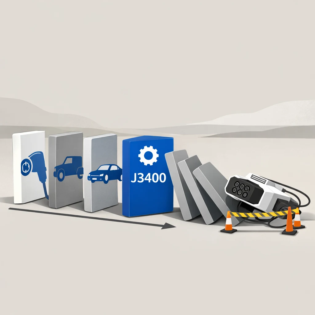 Timeline showing domino effect: Tesla opens NACS (Nov 2022) → Ford adopts (May 2023) → GM adopts (June 2023) → SAE standardizes J3400 (Dec 2023) → CCS infrastructure stranded