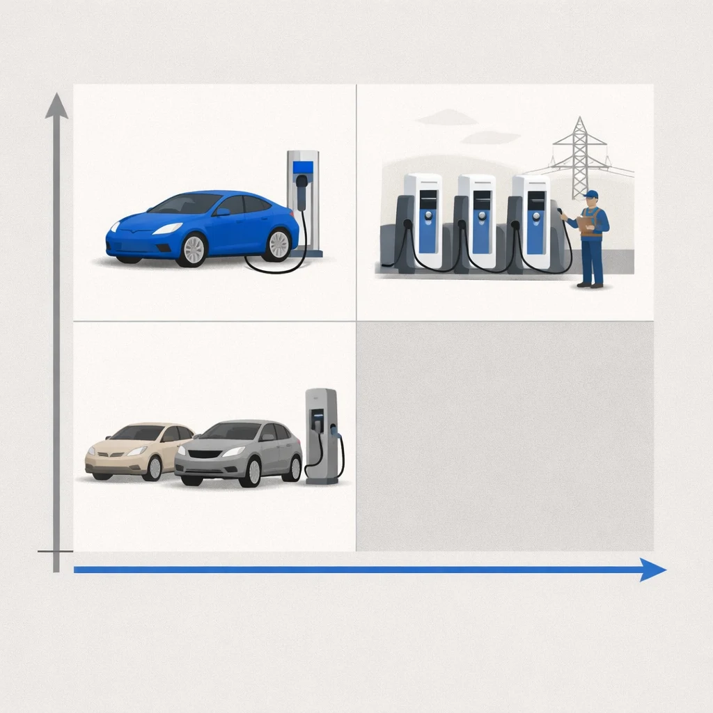 2x2 matrix with axes 'Control over charging experience' (high/low) and 'Capital deployed in infrastructure' (high/low), showing Tesla in high-control/low-capital quadrant, legacy OEMs in low-control/low-capital, third-party networks in low-control/high-capital
