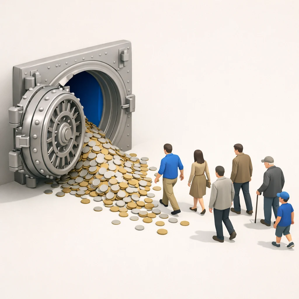 an ornate bank vault door left wide open with a steady stream of coins spilling out onto the floor while a small crowd wanders in freely