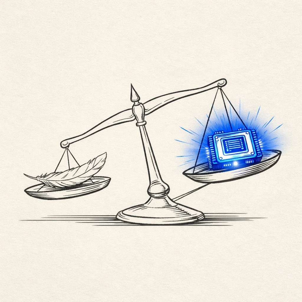a scale with a feather labeled 'SaaS query' on one side and a glowing GPU chip labeled 'inference call' on the other, tipping heavily toward the GPU