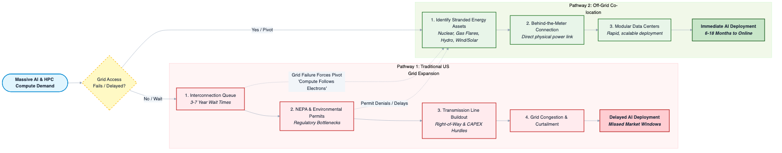diagram showing two pathways—US grid expansion timeline vs. off-grid co-located facilities near stranded energy assets—illustrating how compute follows electrons when grid access fails