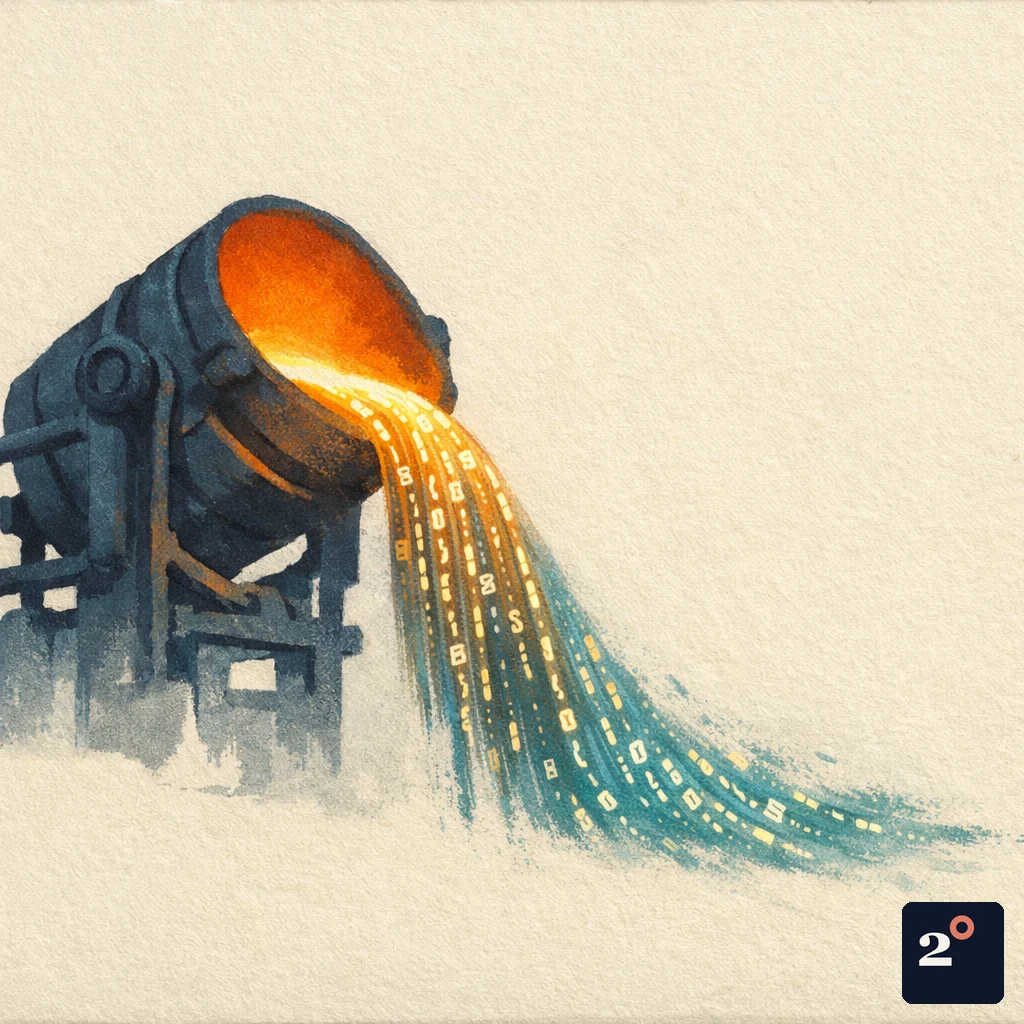 a glowing industrial smelter pouring molten metal, but the molten stream is made of streaming data and light
