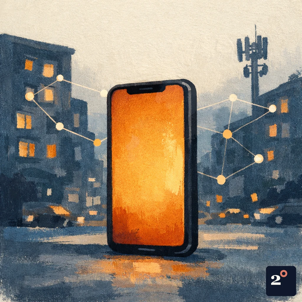 a sleek smartphone glowing on a busy city street at dusk, surrounded by faint network nodes anchored to apartment windows and cell towers