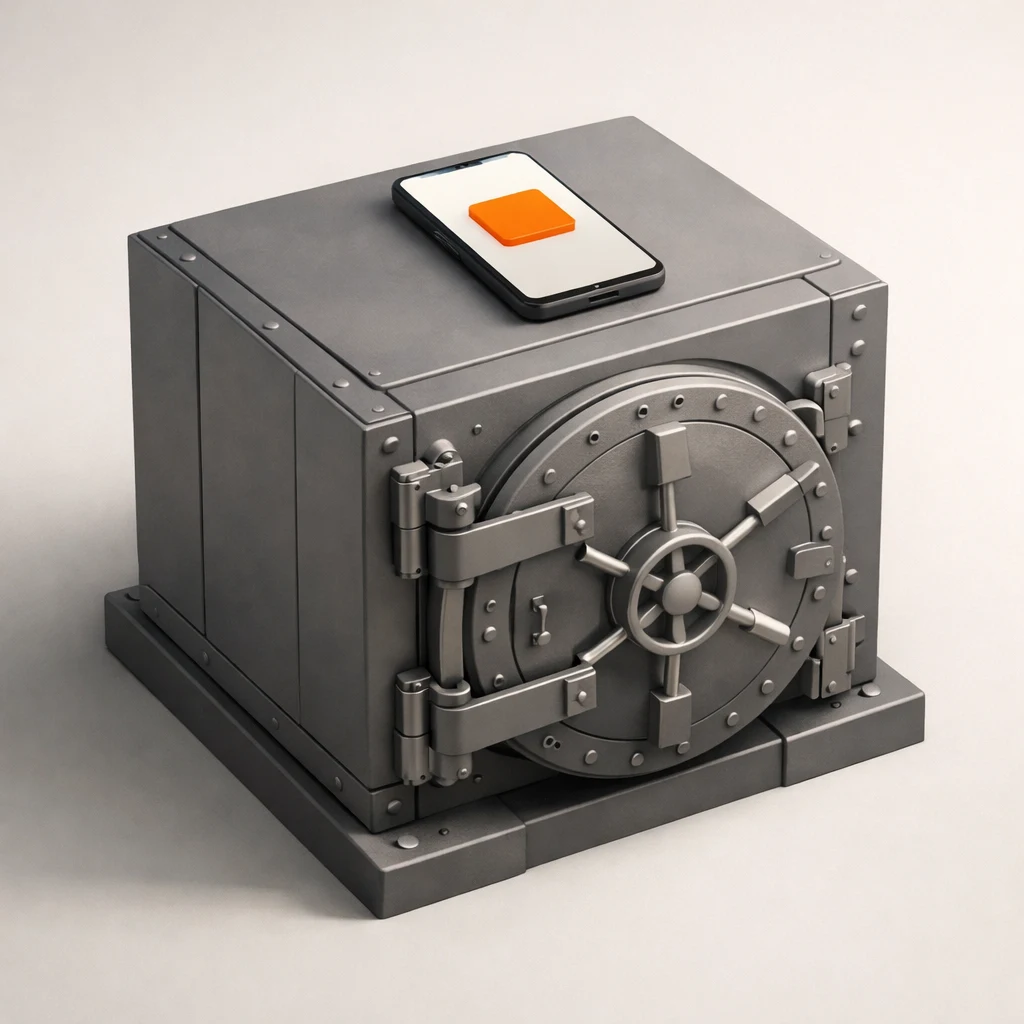 a sleek consumer app resting on top of a heavy industrial bank vault, the vault dwarfing the app