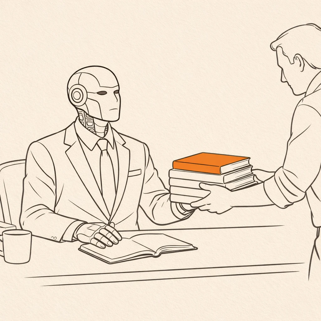 a humanoid robot in a business suit sitting at an onboarding desk being handed a stack of training manuals by a human mentor