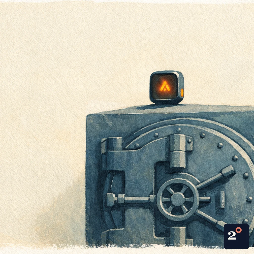 a sleek glowing AI app perched on top of a massive stone bank vault owned by someone else, the app casting a small shadow on the vault's surface