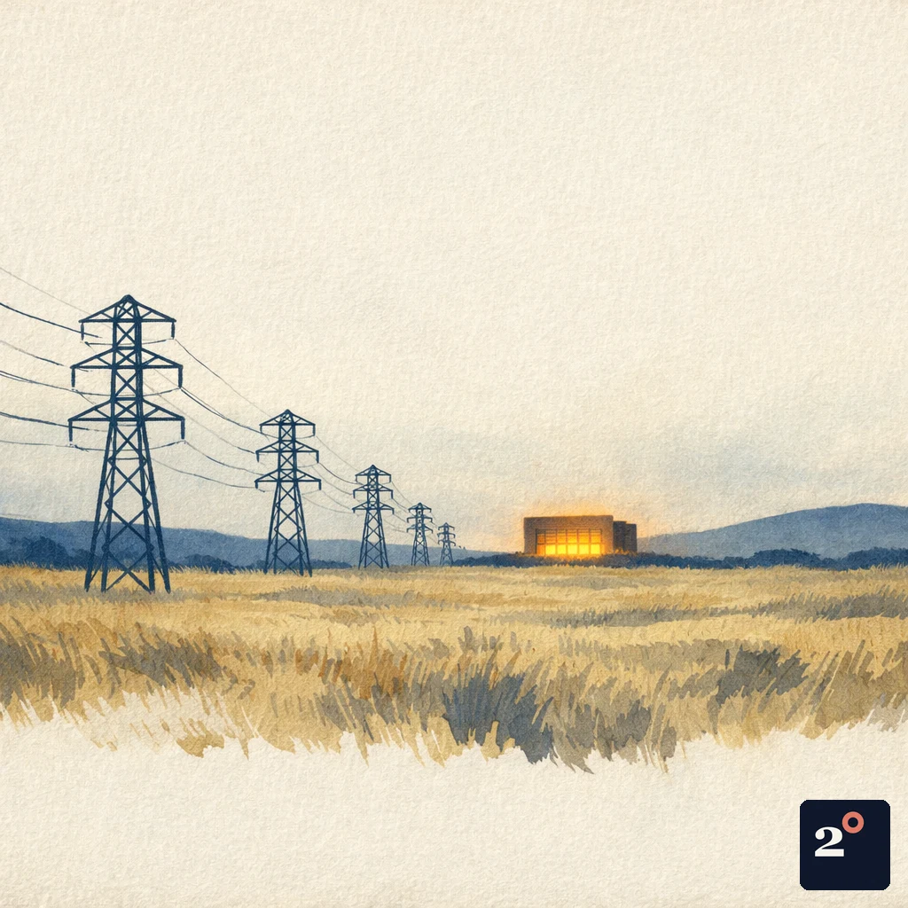 a remote field of dry grass with high-voltage transmission towers marching across it, a single glowing data center on the horizon