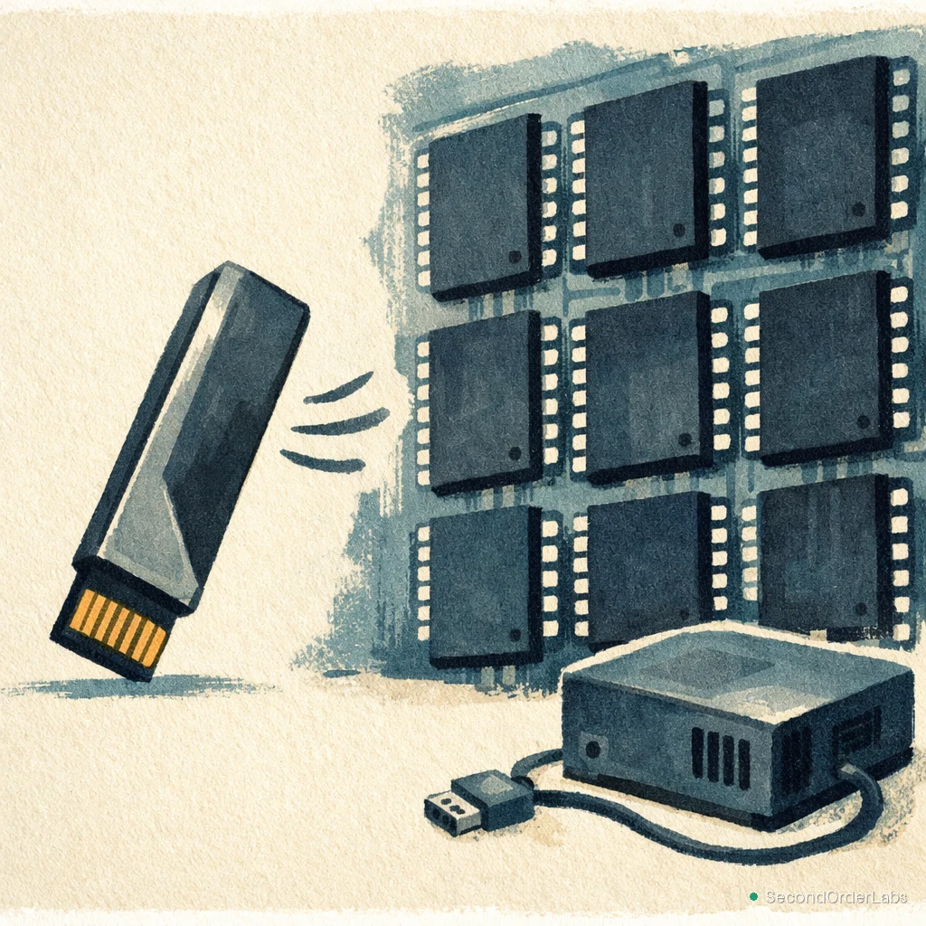a sleek flash module speaking directly to a wall of raw memory chips, while a bulky translator box labeled controller sits unplugged and discarded on the floor