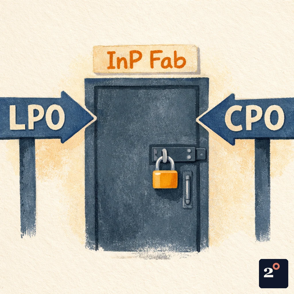 two road signs labeled 'LPO' and 'CPO' both pointing toward a single locked door labeled 'InP Fab'
