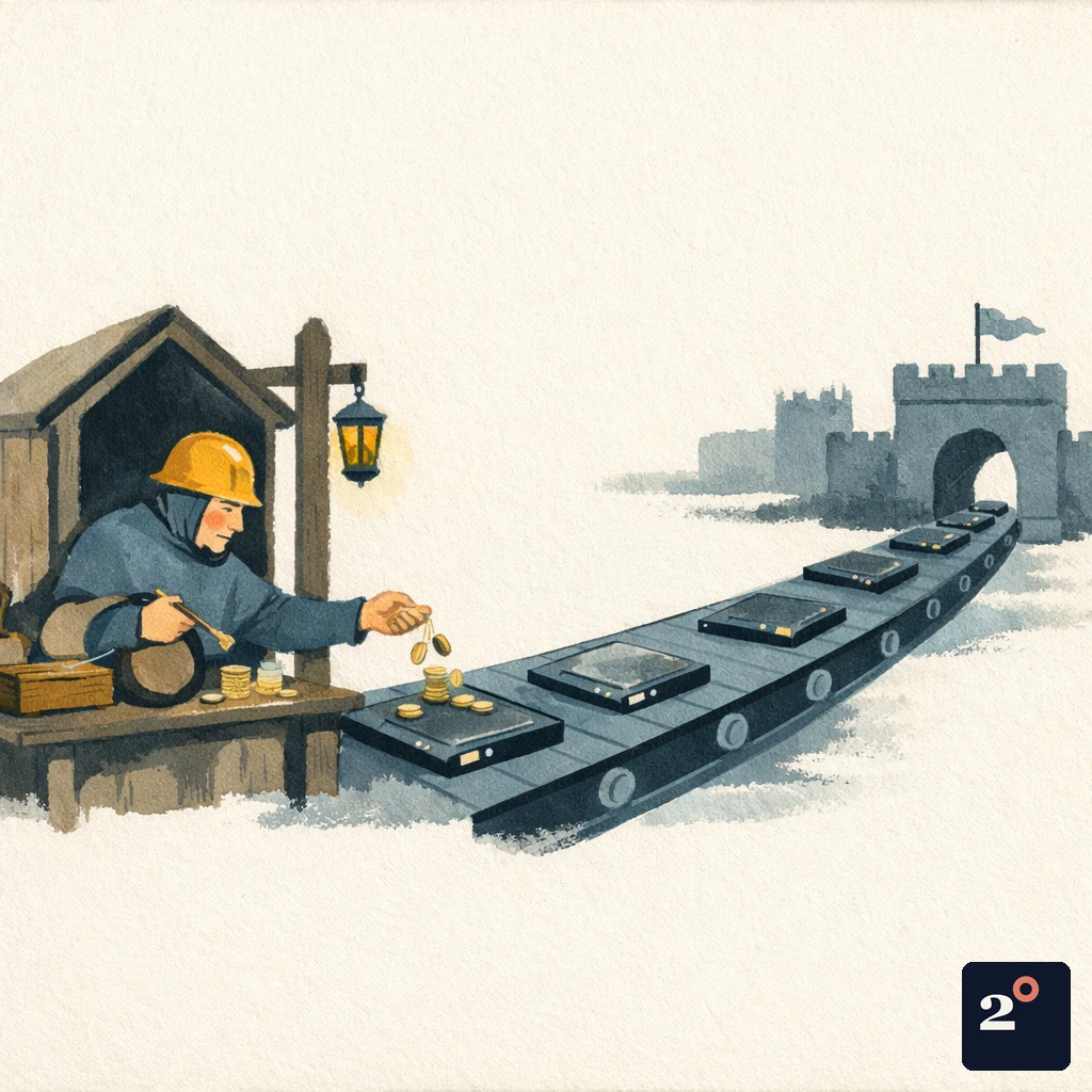 a medieval toll keeper in a hard hat collecting coins at a gate while sleek silicon chips roll past on a conveyor belt