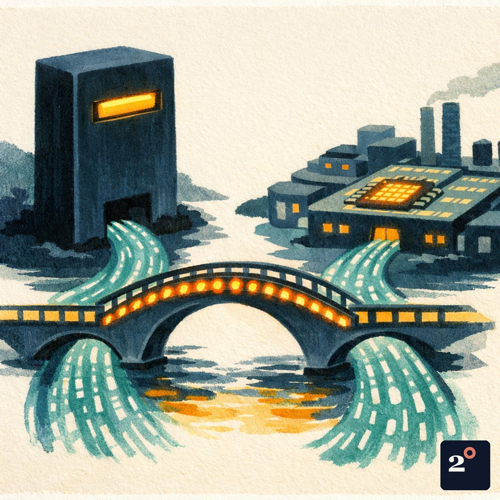 two parallel rivers of glowing data, one flowing into a towering GPU monolith and the other into a sprawling custom-silicon foundry, both crossing the same illuminated bridge