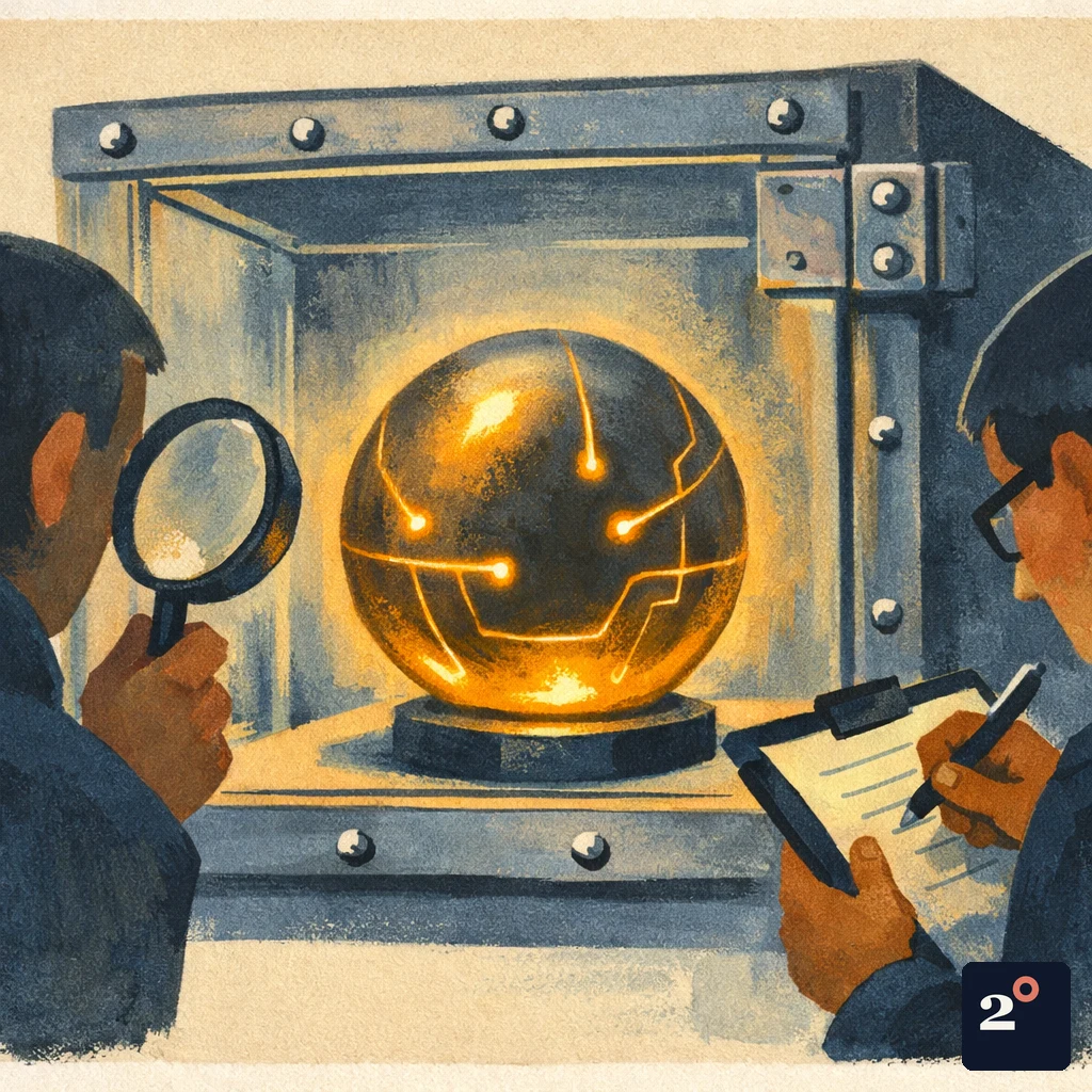 a sleek glowing AI orb resting inside a heavy transparent vault, with auditors examining it through the glass